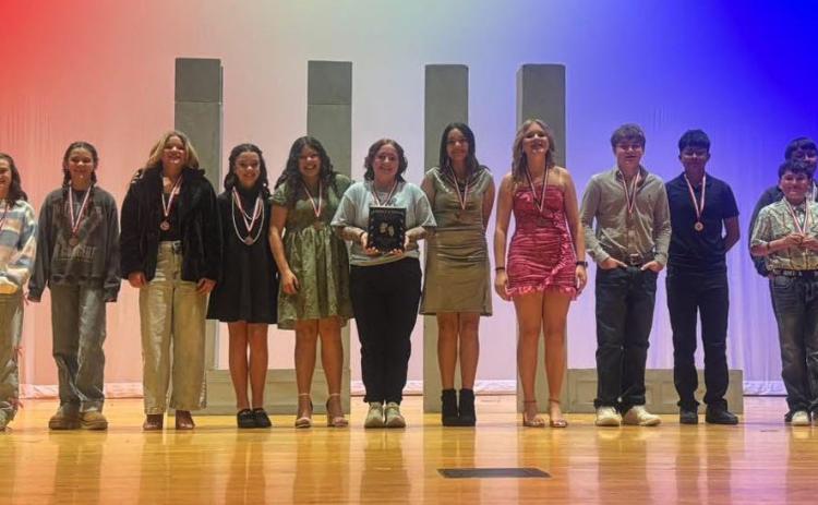 ONE ACT PLAY Members of the middle school One Act Play company celebrated their third-place finish at the district competition, where several students also received individual awards. | COURTESY PHOTO