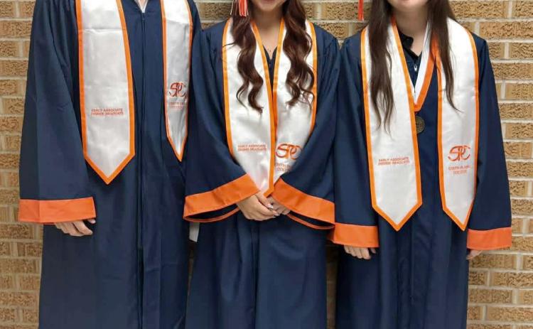 ACADEMIC EXCELLENCE Post High School seniors (from left) Maxximus Cole, Katelyn Ferguson and Harli Jo McClellan were recognized for earning both their high school diplomas and associate degrees through the school’s dual-credit program. The students walked the stage at South Plains College graduation ceremonies on Friday, May 8 and will graduate again with their Bold Gold classmates at Antelope Arena on May 21. | COURTESY PHOTO