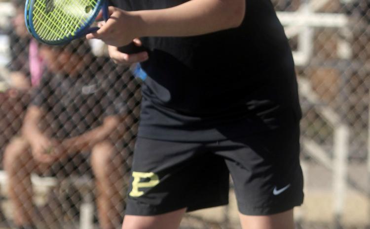 Bold Gold tennis athlete Sawyer Mackey is ready for the next shot during match play at South Plains College. | COURTESY PHOTO