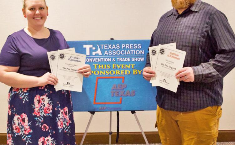 NEWSPAPER AWARDS In Division 10 (small-circulation weeklies), The Post Dispatch took 2nd place, General Excellence; 2nd Place, Sports Coverage; 3rd Place, Column Writing; and 3rd Place, News Writing. Managing Editor Anna Gibson and Operations Coordinator Paul Gibson accepted the awards at the 145th Texas Press Association Convention in Denton June 19-21. Full coverage for all of the group’s newspapers, see pages 7, 8. | COURTESY PHOTO