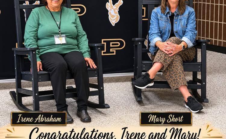 SERVICE HONORED Irene Abraham (left) and Mary Short received rocking chairs as a retirement gift from the district as a token of appreciation from Post ISD for their years of service on May 21.