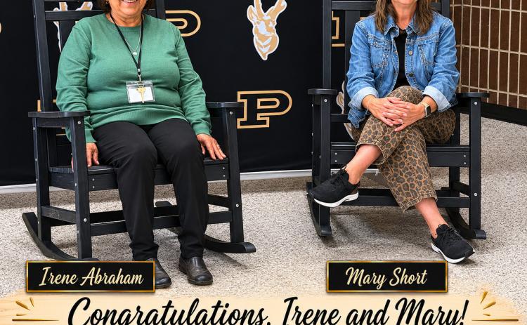 SERVICE HONORED Irene Abraham (left) and Mary Short received rocking chairs as a retirement gift from the district as a token of appreciation from Post ISD for their years of service on May 21.
