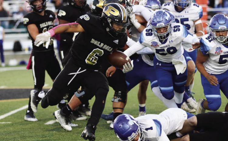 BACK ON TRACK Head Coach John Wright said, “Our team controlled the line of scrimmage on both sides of the ballThe game unfolded as it did because the boys never gave up.” The Oline clears the way for Ian Vergara, #6, as he pushes forward toward another Bold Gold Touchdown! | ABBY RODRIGUEZ PHOTO