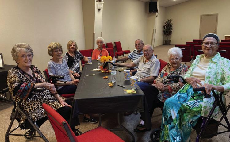 1957 CLASS RENUION The class of 1957 voted this to be their final reunion after celebrating and enjoying a time of sharing fun memories. Pictured from the left are Marie Howard Epley, Nancy Stephens, Ruby Montgomery, Williams, Barbara Stone Tatum, Ted Tatum, Bill Stephens, Orabeth Maxey White, and Leslie Nickels McBride. | PHOTO PROVIDED