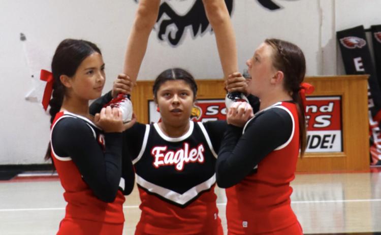 PEP RALLY The Southland Eagles cheerleaders performed a stunt during the pep rally ahead of the Eagles’ football game against Petersburg Sept. 25. | COURTESY PHOTO