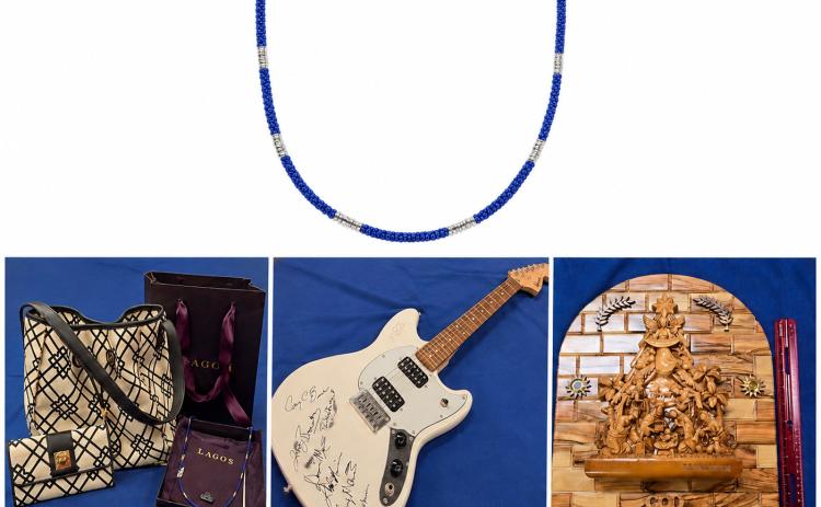 AUCTION ITEMS Featured items for the Community Recovery Center’s 20th annual fundraiser include a Caviar beaded ceramic necklace, a Spartina bag and clutch, a Lagos necklace, an autographed guitar and a hand-carved nativity scene. | COURTESY PHOTOS